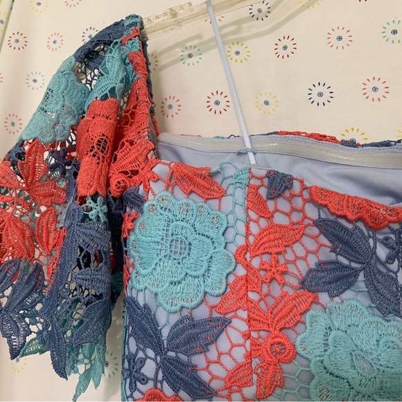 Sam Edelman Lace Dress Size 0 Pink Blue Lined Off On Shoulder Midi Pencil - Picture 4 of 9